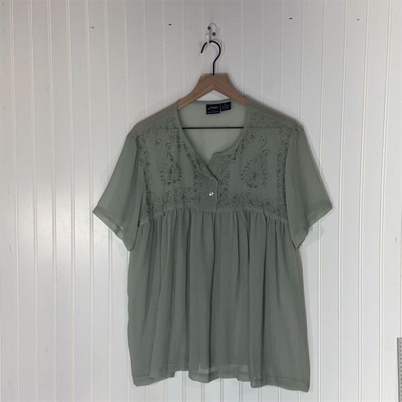 Vintage Fleurs Elegant Additions Sage Green Sheer Embroidered Blouse XL Boho - Picture 1 of 7